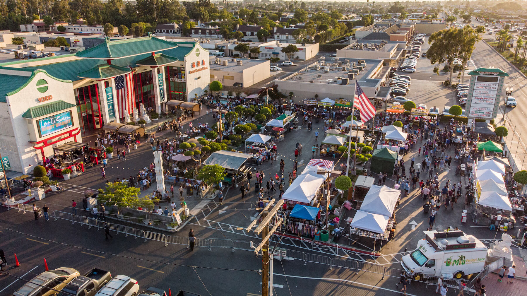 Asian Garden Mall Night Market aerial view of vendors & visitors